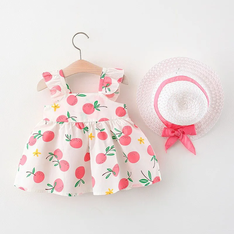 2 PcsSummer New Full of Fruit Print Big Bow Cotton Skirt Girl\'s Cotton Skirt Free Straw Hat