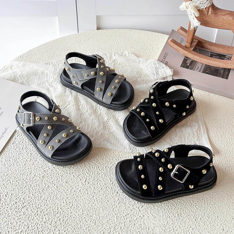 Girls Studded Sandals Kids Summer Flat Beach Shoes Casual Comfortable Soft Sole Childrens Fashion Sandals for Toddler Little Kid