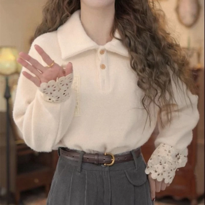 

Retro Autumn and Winter Thick Casual Versatile Shirt Top Design Long Sleeved Loose Shirt Long Sleeved Top