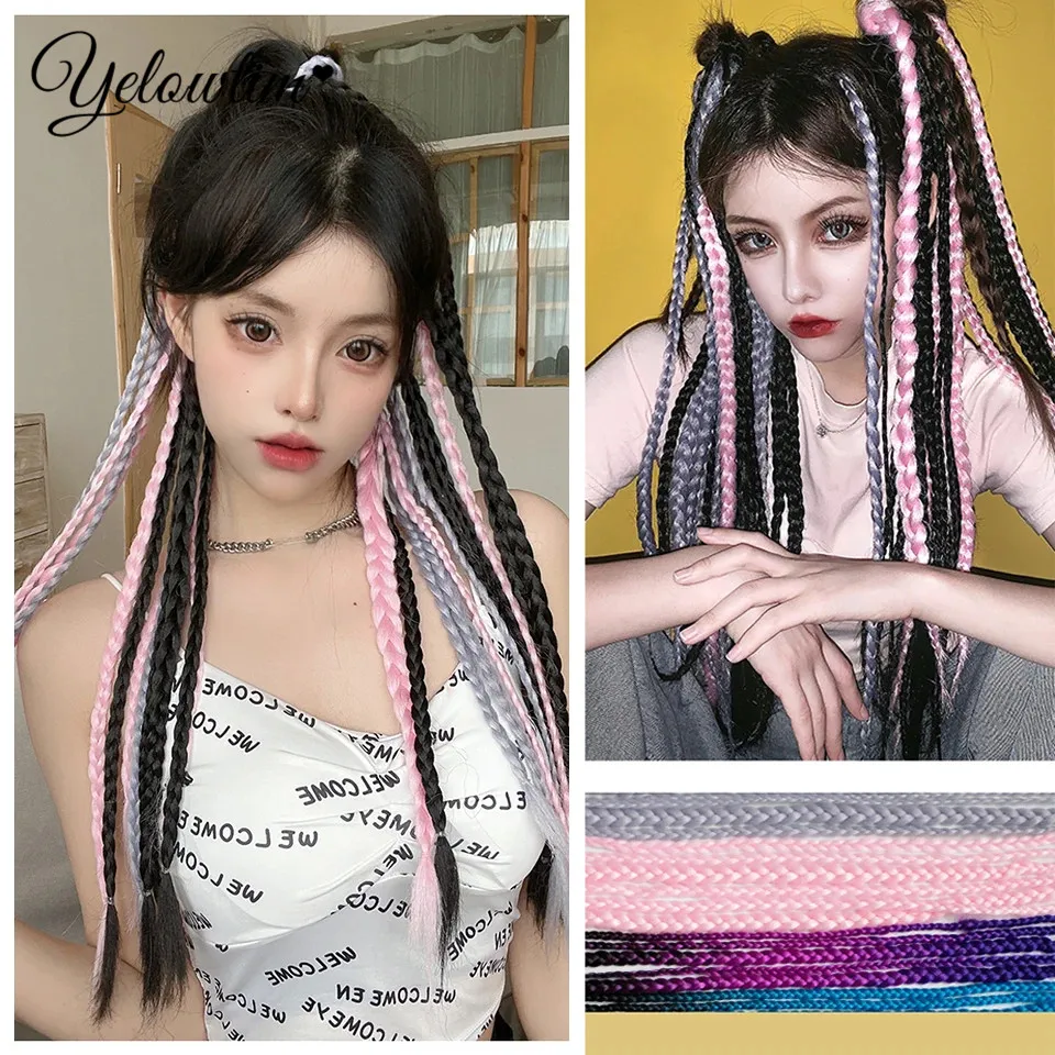 YELOW Braids Wigs Long Hair For Women Color Pigtails Hip Hop Twist Gradient Color Ethnic Style Three-strand Dirty Braids Ponytai