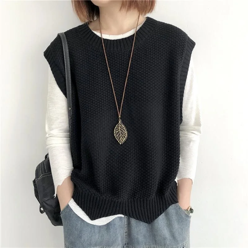 Spring Women Knitted Sweater Vest Casual Solid Color Loose Round Neck Sleeveless Pullover Early Autumn Irregular All-match Vest