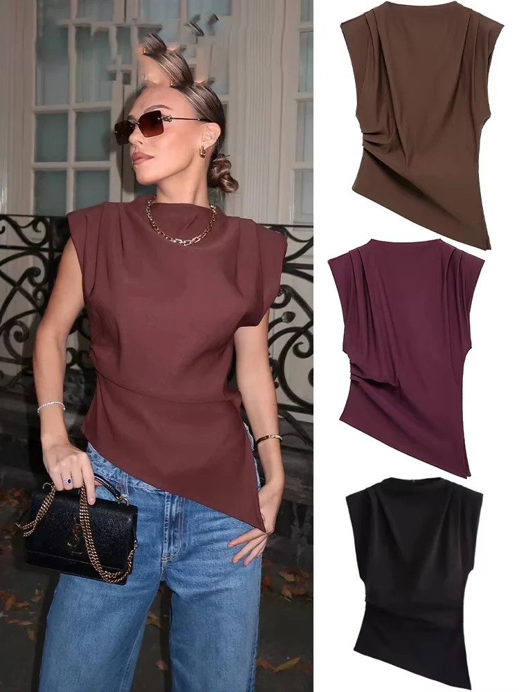 قميص قصير مارون Uni à col rond pour femme, caraco feminin, قميص de rue, precieux, decontracte, Feier d'mente, mode, 2025