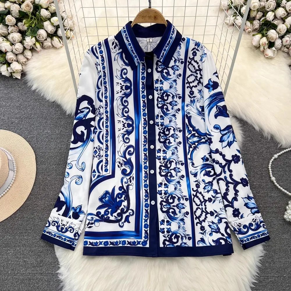 Runway Blue And White Porcelain Set Women\'s Lapel Long Sleeve Print Blouse Shirts And High Waist Cropped Pants Trousers Suit