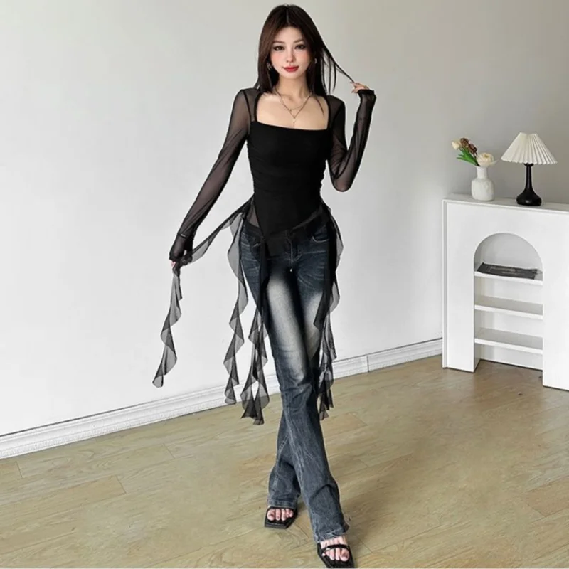 Ruffle Long Sleeve Sexy T-Shirts Fashion Women Spring Summer Y2K Irregular Tassel Korean Crop Tops Casual Sheer Mesh Chic Tees