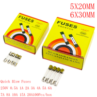 100PCS Fast Blow Insurance Tube 5*20MM GLASS Quick Blow FUSE 5*20 6*30 6*30MM 5X20 250V 0.5A 1A 2A 3A 4A 5A 6A 7A 8A 10A 15A 20A