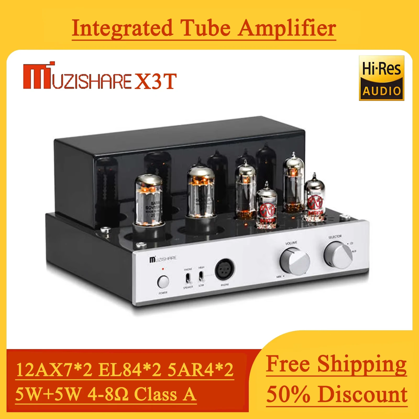 MUZISHARE X3T 5AR4*2 Dual Rectifier Circuit Integrated Vacuum Tube Amplifier EL84*2 Pure Class A Single-ended Power Amp