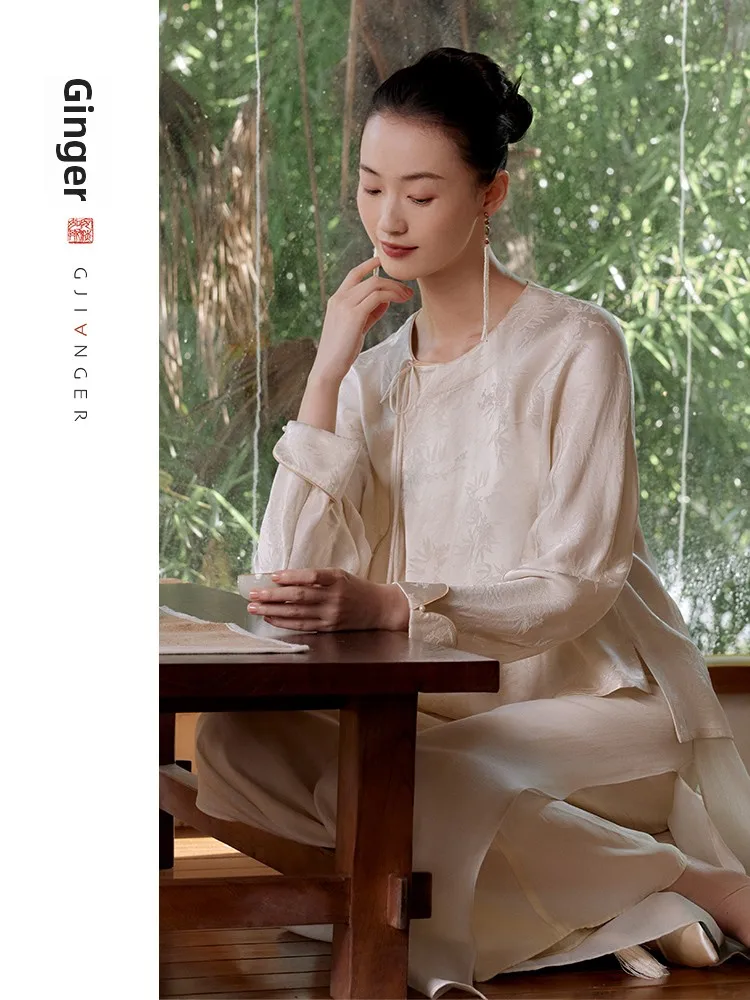 

New Chinese Sle irt with Belt Long Sve Embroidered Ginger Bamboo Spring Autumn High Quali Ladies Faion Top