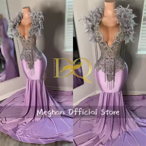 Purple O Neck Bead Crystal Long Prom Dresses For Black Girls Feathers Evening Dress Tassel 2025 Birthday Luxury Dress Customized