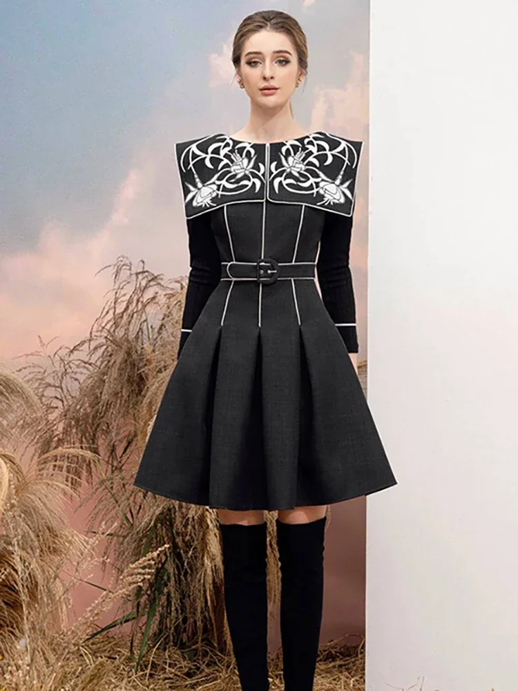 DQ Black Elegant Dress Sailor Collar Embroidery Knitting Sleeve Waist Black Pleated Women's Dresses 2024