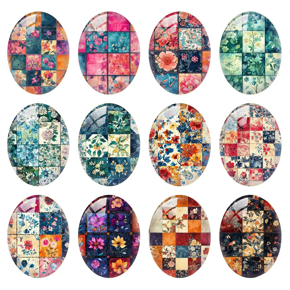 Random Mixed Round/Oval/Square Patchwork Grid Floral Vintage Photo Glass Cabochon Flatback Demo Cameo For Diy Jewelry Making
