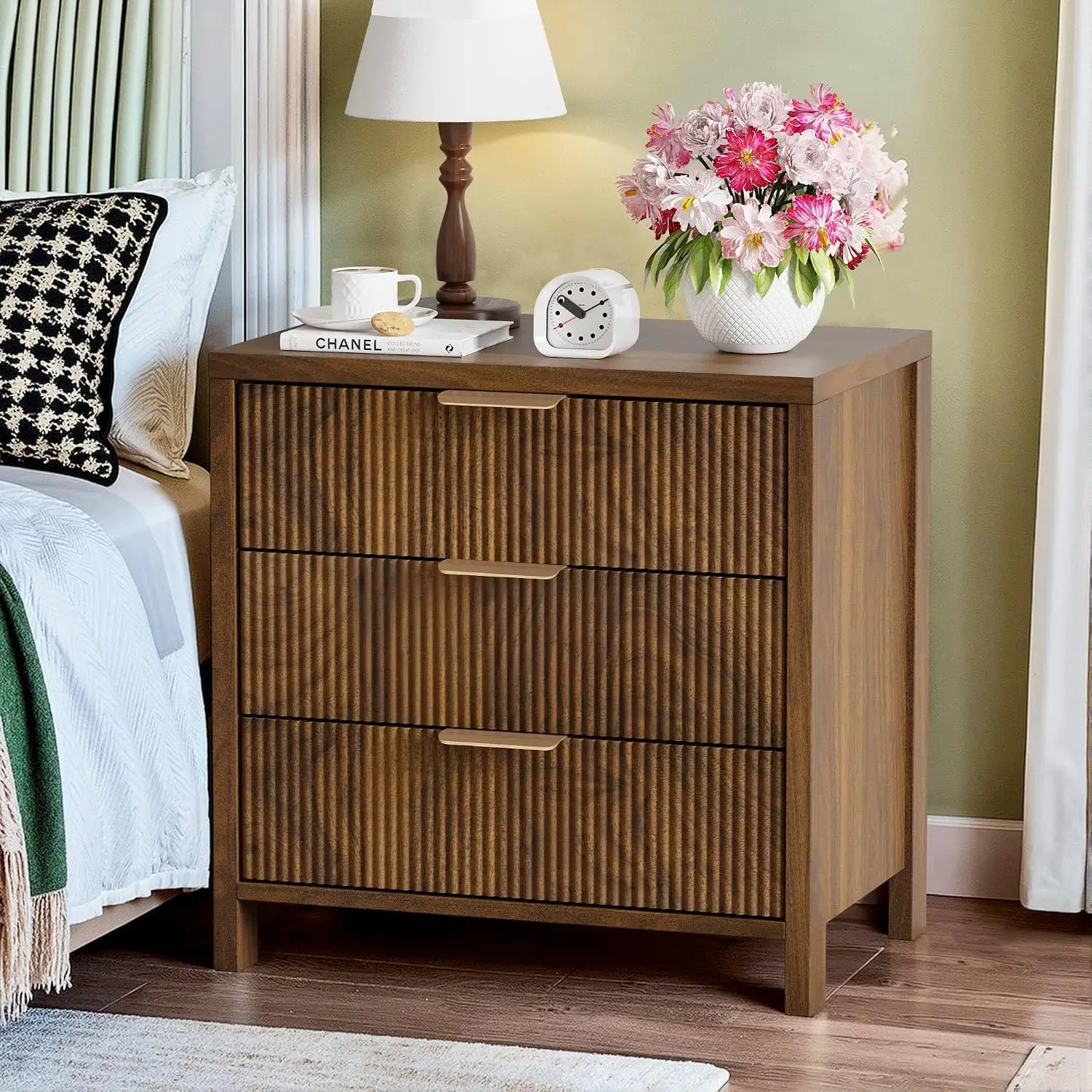 Fluted Nightstand with 3 Drawers, Mid-Century Modern Bedside Table with Handles, Wood End Table for Bedroom, Walnut, Customized