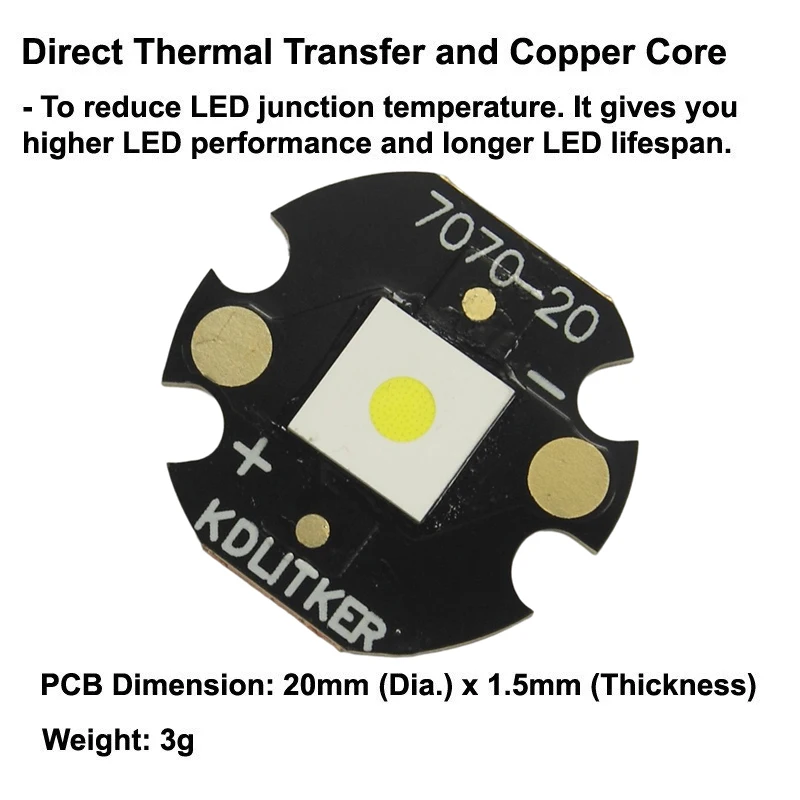 L70 HI 30W 8A 3000 Lumens 6500K SMD 7070 LED Emitter on KDLitker DTP Copper MCPCB Flashlight DIY Bead Torch High Power