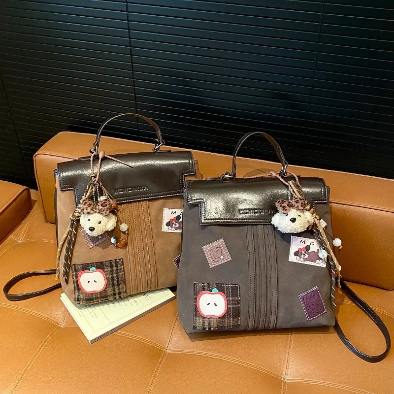 Vintage Patchwork Backpack PU Leather Flap Cartoon Patch Cute Bear Charm Women School Bag Casual Travel Shoulder Bag Handbag