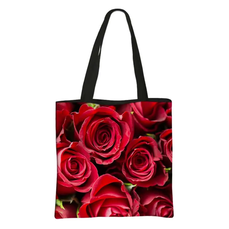 Custom Rose Flower Pattern Print Shoulder Bag Girls Large Capacity Reusable Totes Women Foldable Portable Shopper Bags Gift