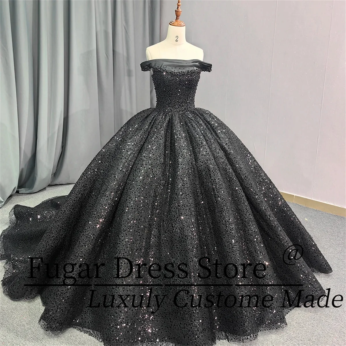 

Customized Sparkle Quinceanera Dresse Luxuly Beads and sequins Elegant trailing Sexy Off shoulder cuffsvestidos de 15quinceañera