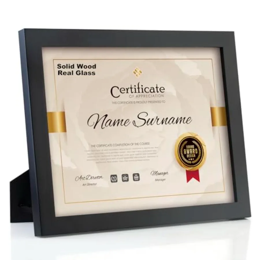 

Diploma Frame for Certificate and Documents, Solid Wood Picture Frame with Real Glass, Fits 8.5 x 11 Paper, Wall Mount or Table