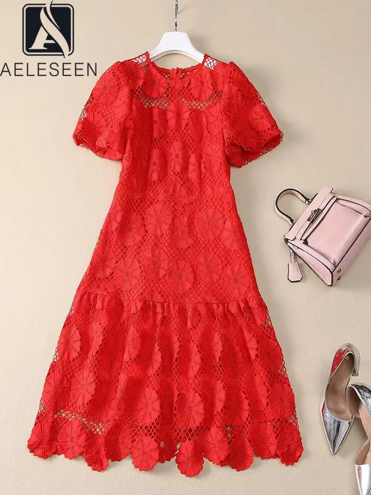 

AELESEEN Spring Summer Red Lace Dress Women Puff Sleeve Design Fashion Flower Embroidery Hollow Out High Street Elegant Mini