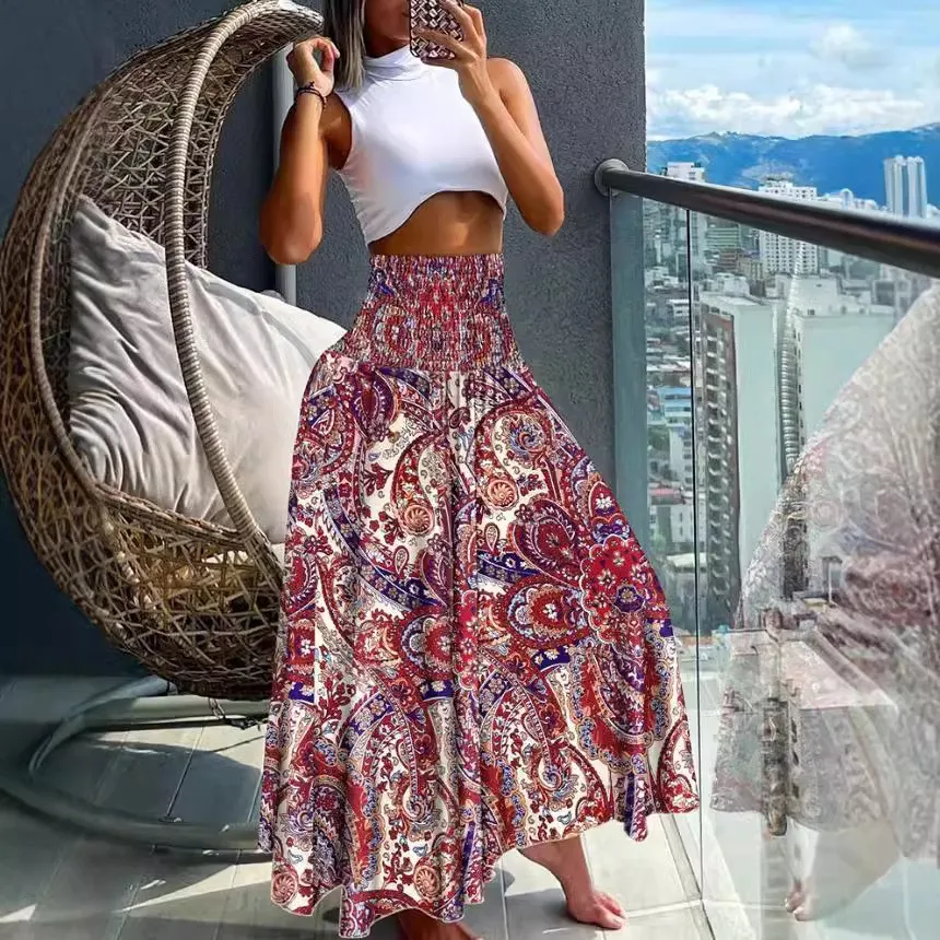 Casual Floral Print Skirt High Waist Smocked Waist Midi Skirts Boho Style Paisley Print Maxi Skirt A Line Peacock Pattern