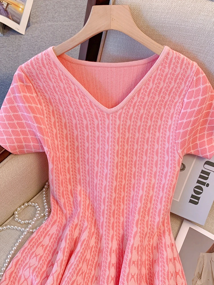 2024 Summer Small Fragrance Short Sleeve Dress Knitted Sweater Dress Women Vintage Party Mini Dress Elegant Casual Femme