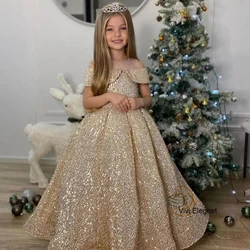 Gold Sequined Bitthday Communion Dresses Girls for Princess Summer Short Sleeve A Line Floor Length Ziper Back שמלת כלה לילדות