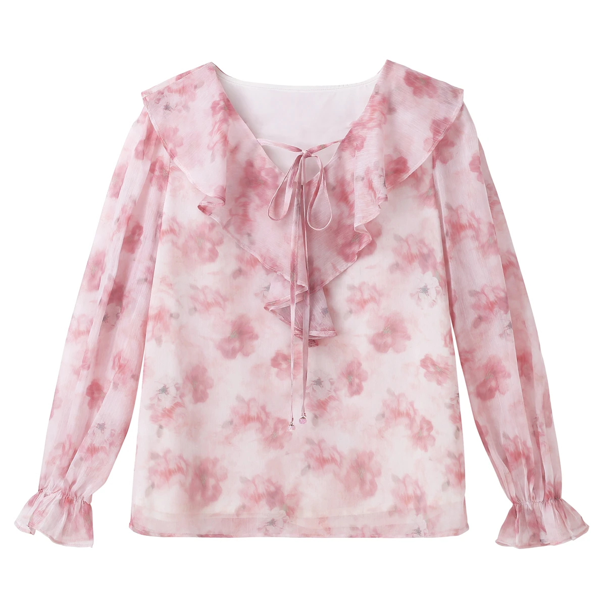 レディースブラウスシャツ 新品 長袖 Vネック プリント レースアップ フリルブラウスシャツ レディース トップス ブラウス シャツ ブルサス カミサス 2025 Q1341