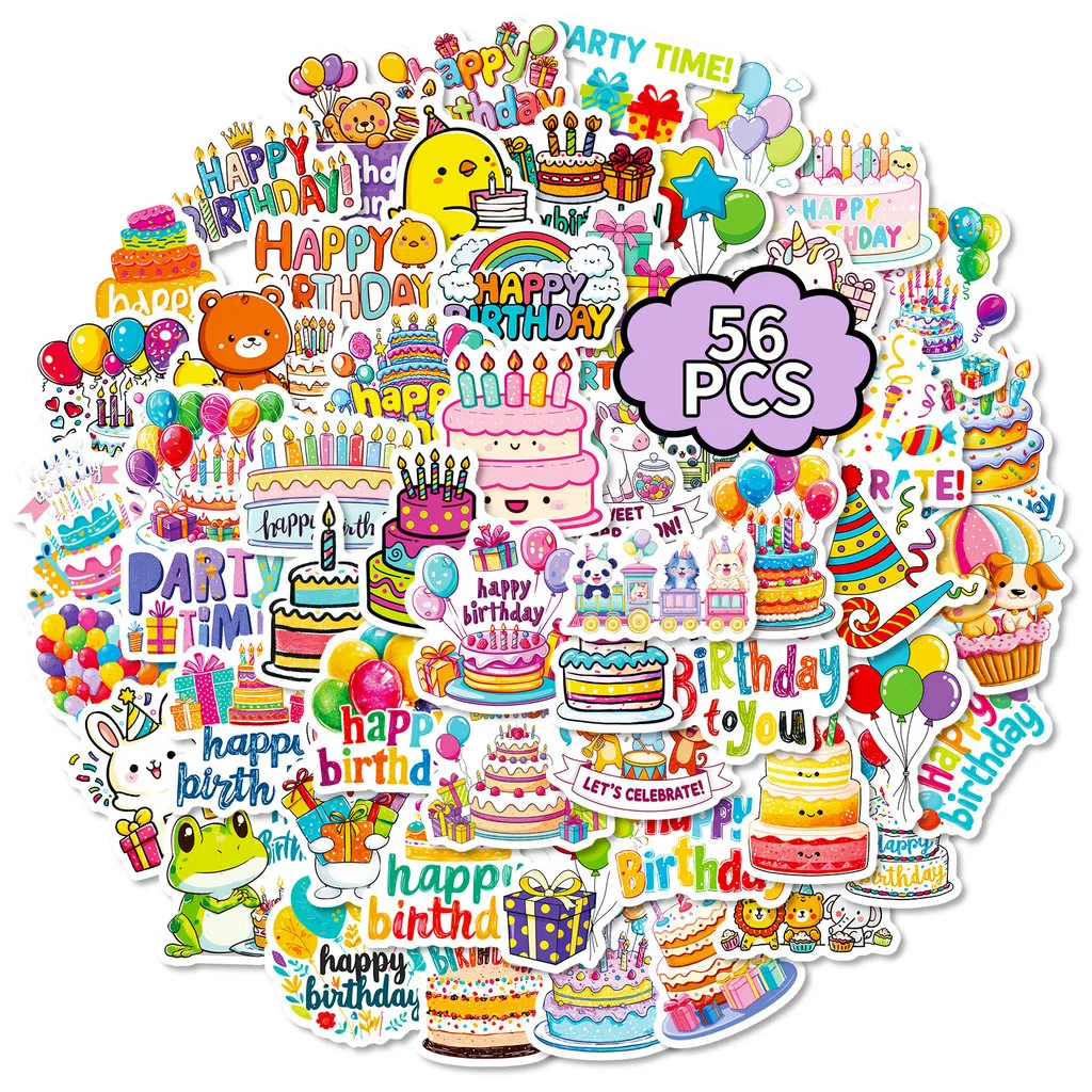 56Pcs Happy Birthday Cartoon Doodle Stickers, Whimsical Decals for Envelopes & Gift DIY Decoration Golden Memory Stickers Store