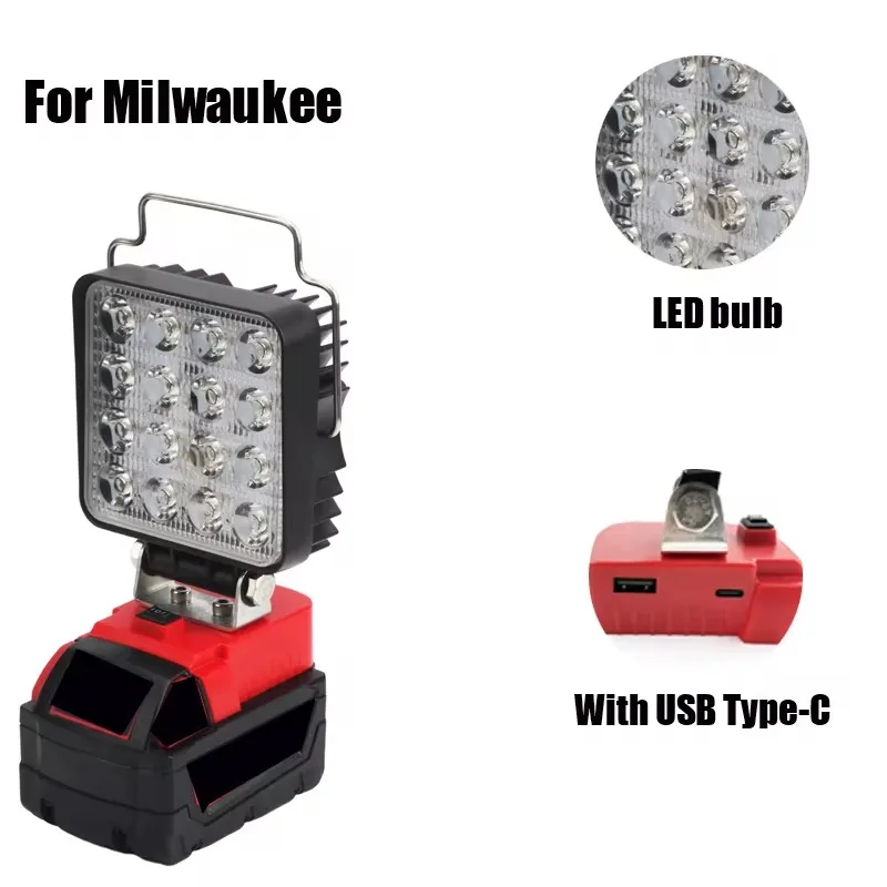 LED Work Light With Hook USB Type-C Port for Milwaukee 18V  Battery Flood Lights Flashlight Emergency Lighting