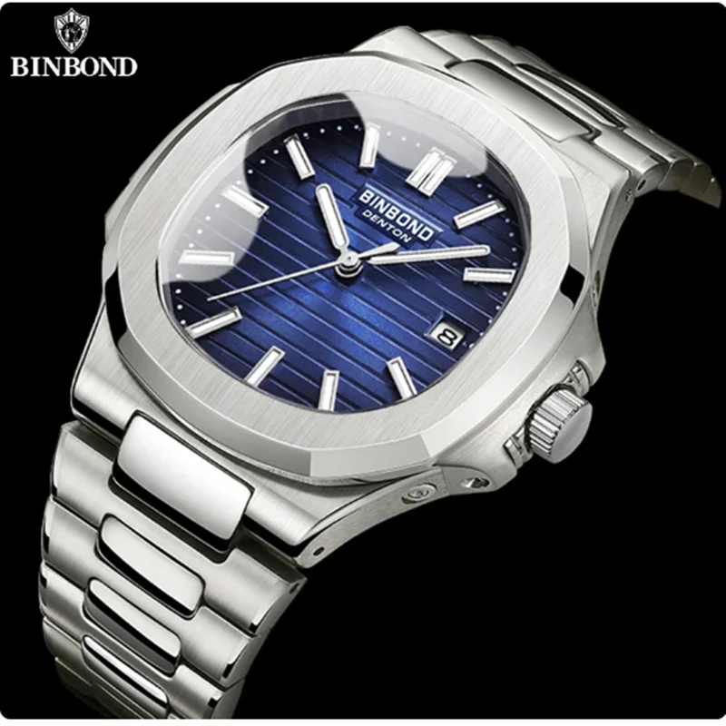 BINBOND 1885 Stainless Steel Wristwatch Case Fashion Calendar Quartz Waterproof Luminous Man Watches Reloj Hombre