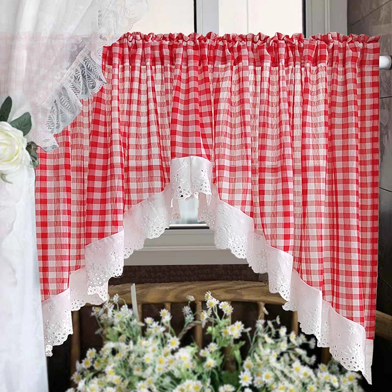 Modern Stylish Plaid Printed Triangle Short Valance Curtain with White Embroidered Lace For Kitchen Bathroom Cabinets Home Decor