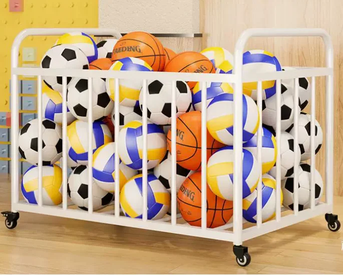 Mobile Storage Frame with Pushing Cart Basketball Rack and Storage Basket for Balls Storage