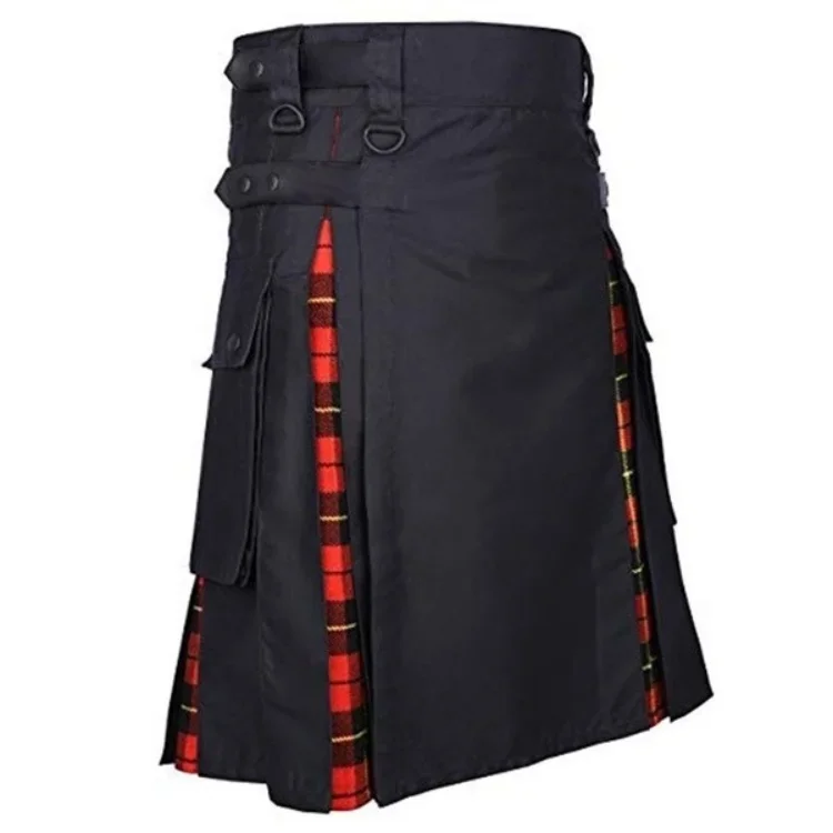 Men\'s Plus Size Scottish Hybrid Black Cotton & Tartan Utility Kilts with Leather Straps Kilts for Men