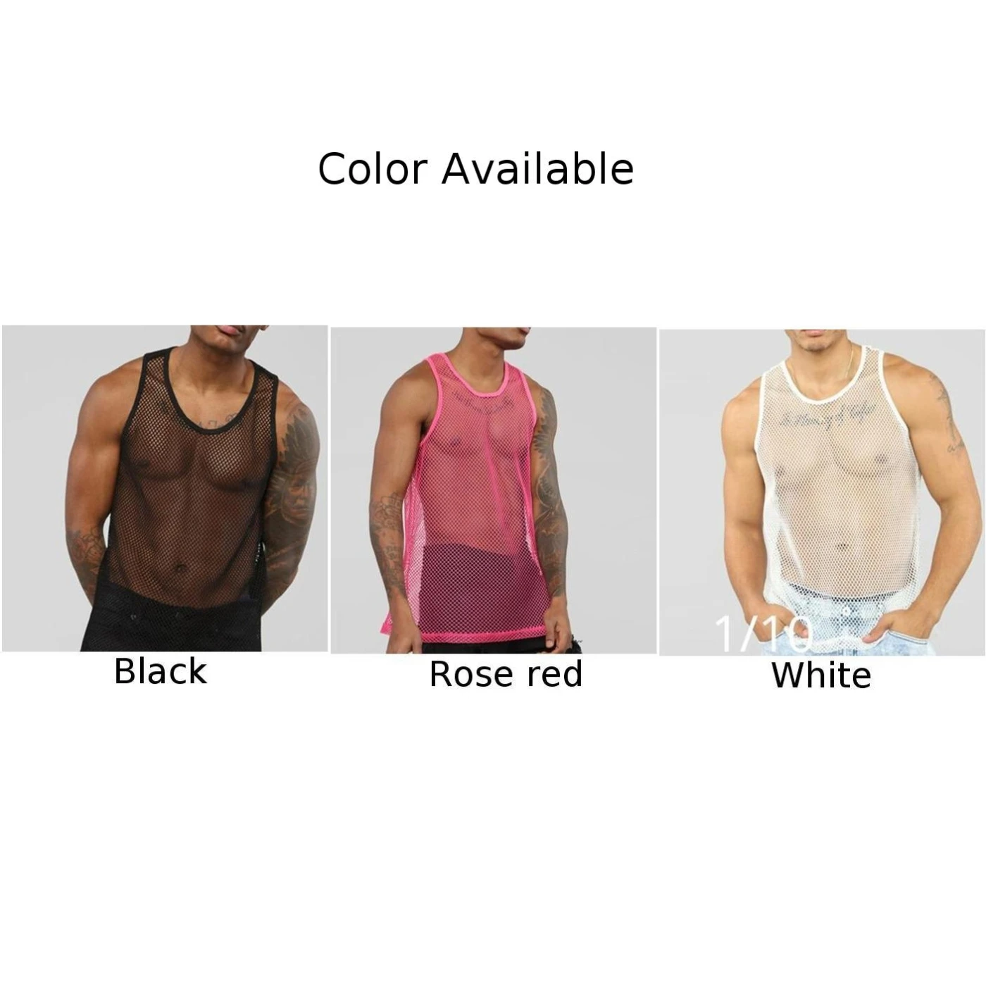 Men's Sexy Tank Tops Vest O-neck Party Nightclub Wear Rose Red Black Fashion Breathable Mesh Patchwork Sleeveless Streetwear