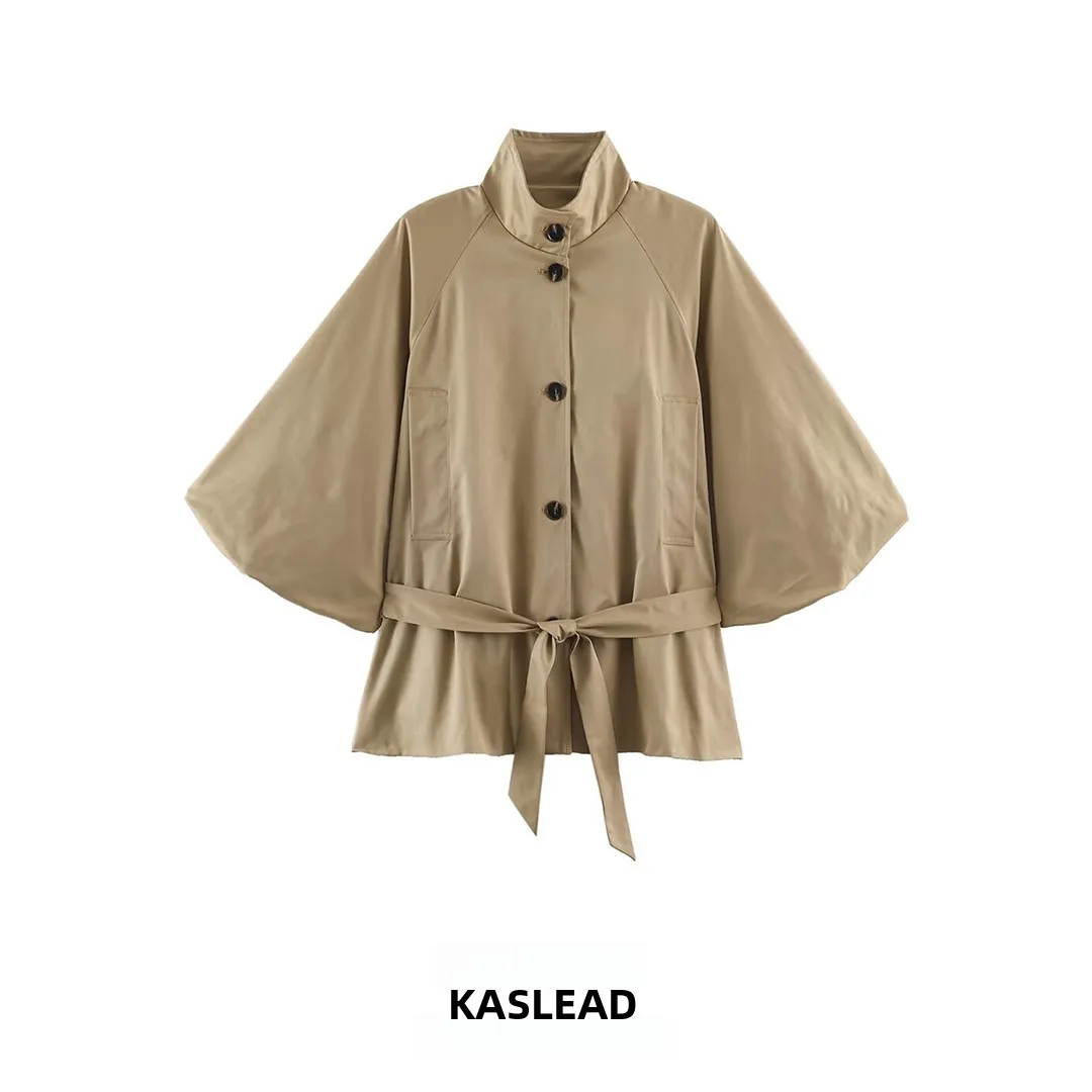 KASLEAD New Women's Fashion High-End Feel Stand Collar Single Button Loose Batwing Sleeve Windbreaker Autumn Long Sleeve Poly...