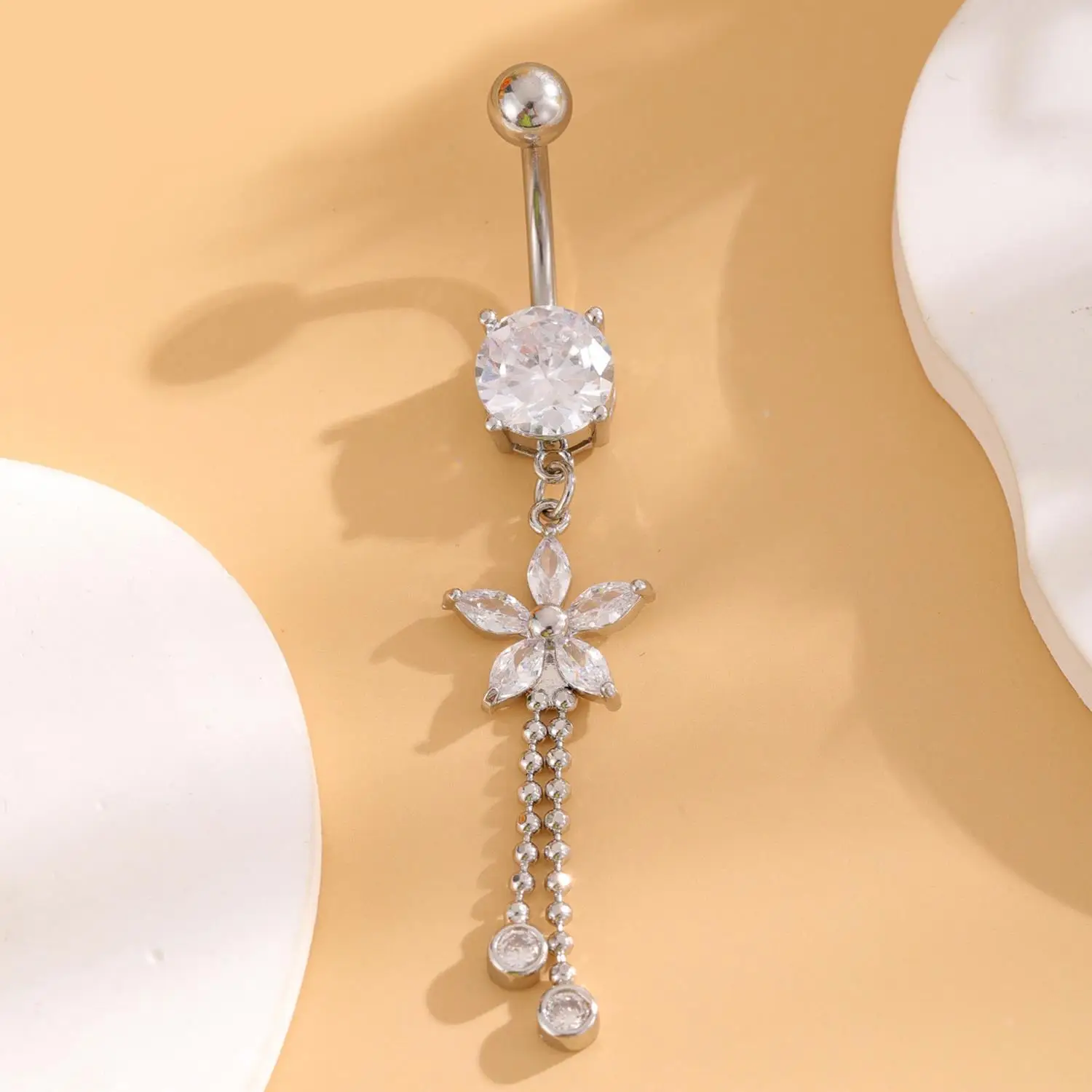 16G Tassels Dangle Belly Button Piercing Rings For Women Stainless Steel Cute CZ Flower Dangle Navel Piercing Belly Ring Jewelry
