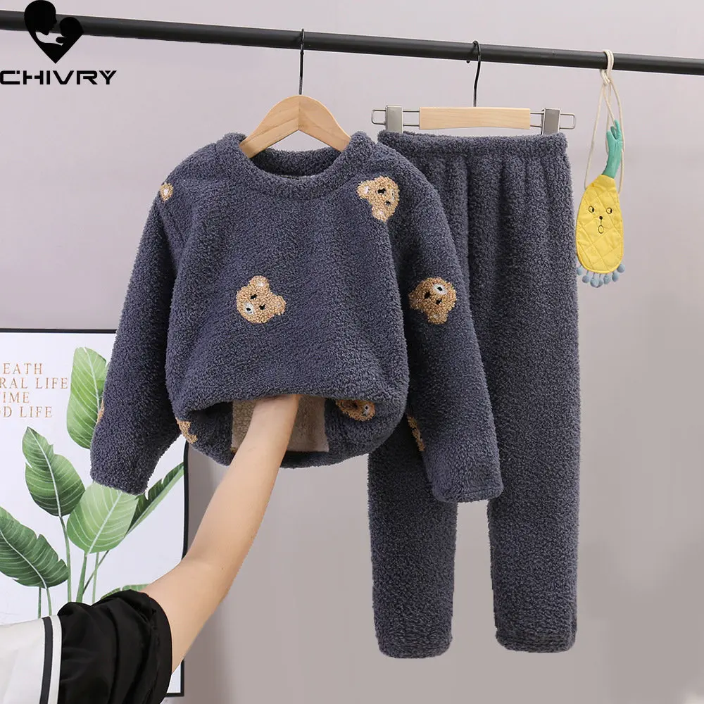 Pijamas de franela gruesa y cálida para niños, Tops de cuello redondo con pantalones, conjuntos de pijamas para bebés y niñas, otoño e invierno, novedad