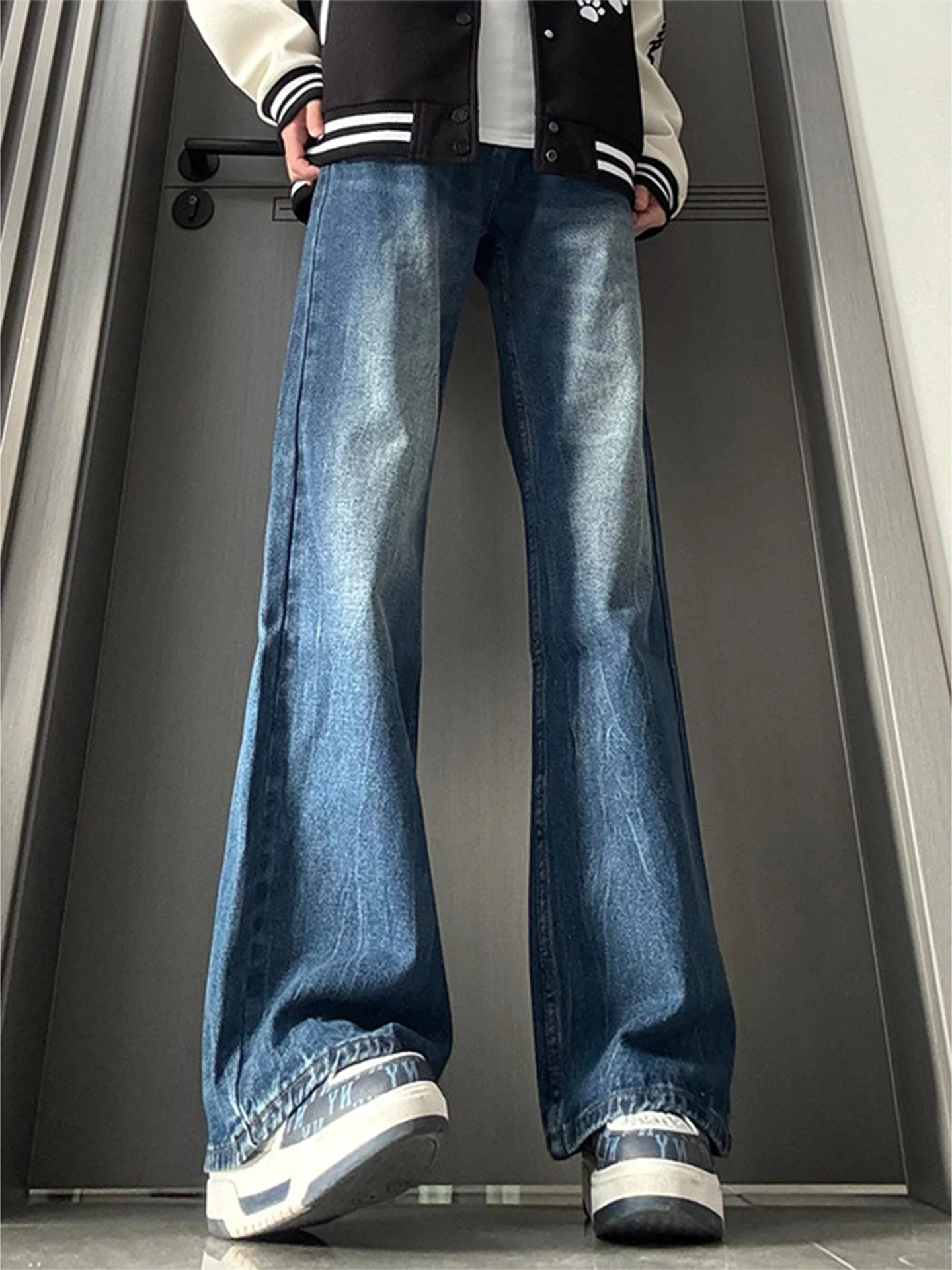 

Мужские джинсы-клеш в стиле ретро с синим узором «Молния», американский уличный стиль, прямые, зауженные, удлиненные брюки-«ножи»