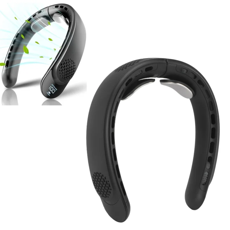 3600mAh USB Rechargeable Bladeless Neck Fan Portable Wearable Personal Fan With LED Display Headphones Included