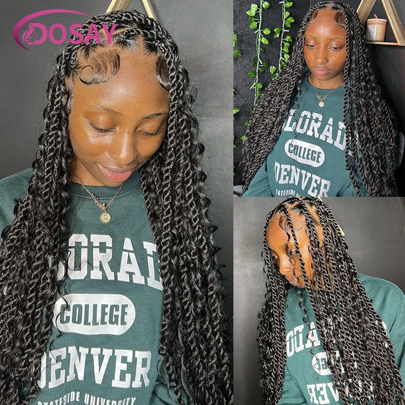 Boho Senegalese Braided Wigs Synthetic Full Lace Frontal Wig Island Twists Faux Locs Wig Goddess Box Braids wigs for Black Women