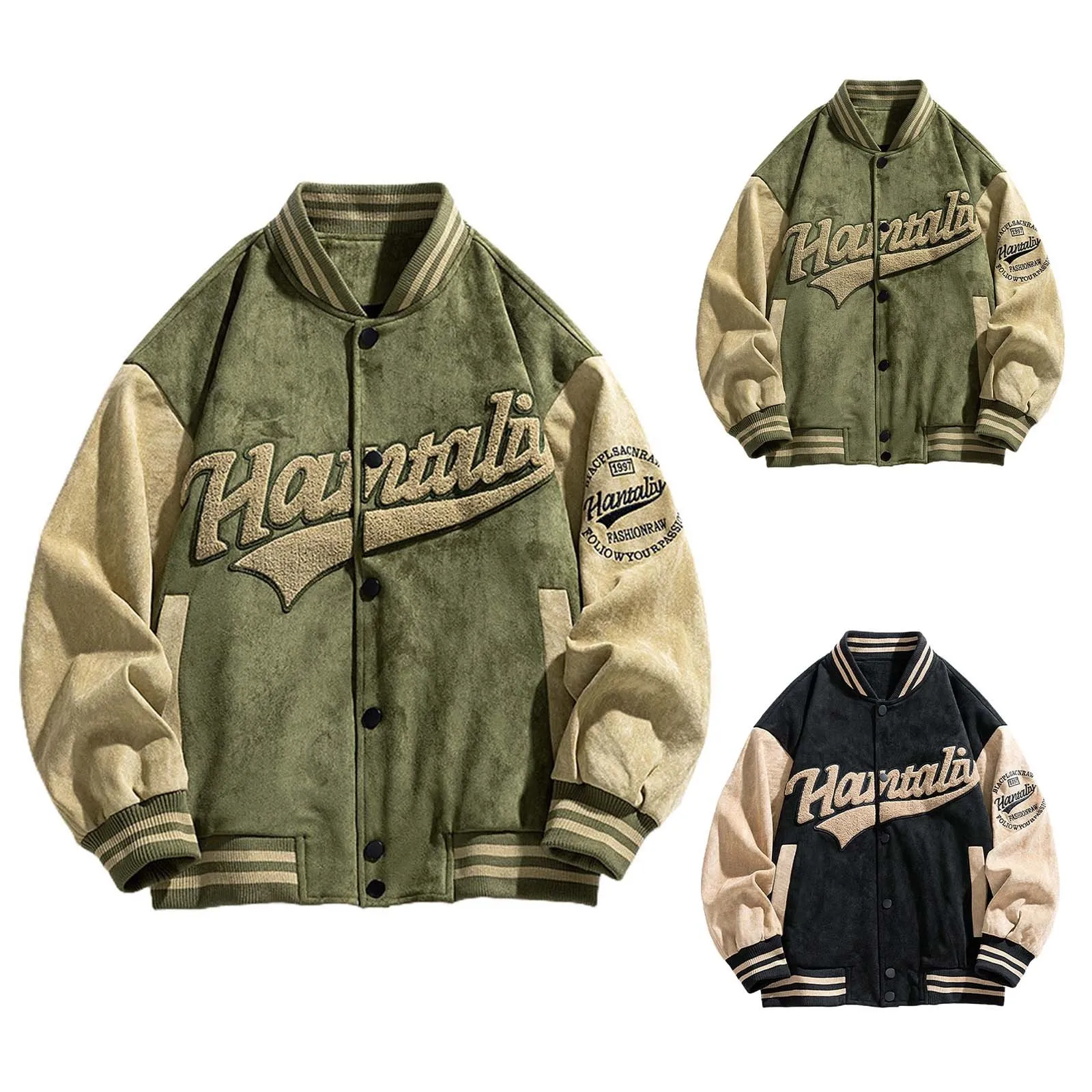 

Autumn Winter retro green bomber jacket men's jacket handsome ins embroidery trend couple baseball uniform men jacket 2024