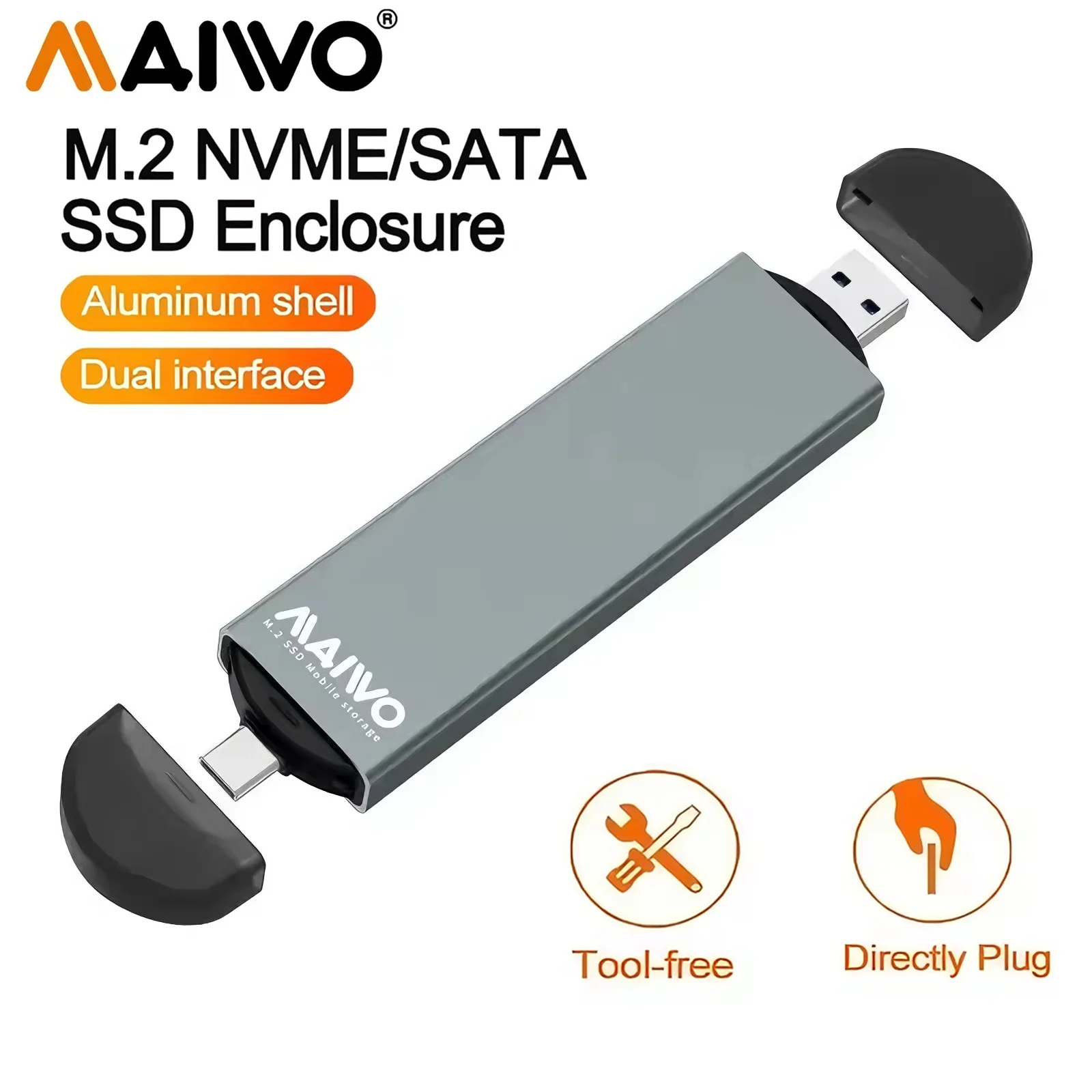 

MAIWO M.2 NVMe & SATA SSD Enclosure Reader Adapter 10Gbps USB C 3.2 Gen2 2in1 NVMe/SATA M.2 External Enclosure M.2 SSD Case