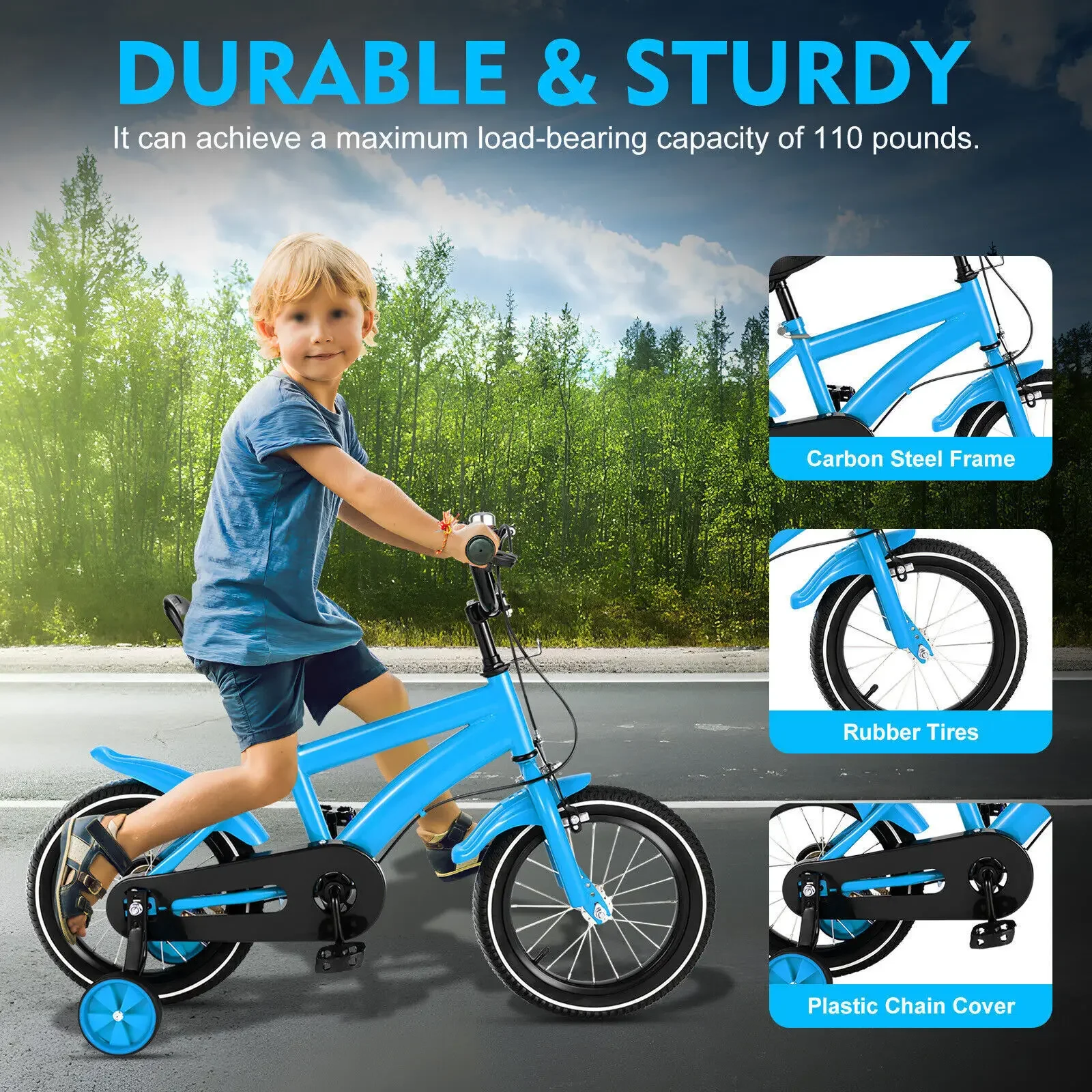 14 Inch Childrens Boys Girls Bicycle Kids Bike Blue With Safety Training Wheel w/Auxiliary Wheel Stabiliser Outdoor Blue