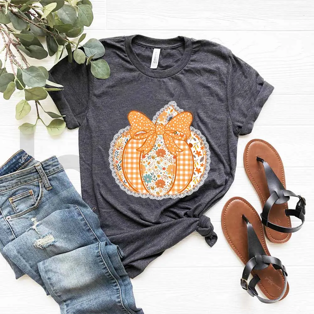 Vintage Patchwork Pumpkin Fall Shirt Preppy Floral Pumpkin T-shirt Lace Flower Graphic Tee Tis The Season Thanksgiving Tshirt