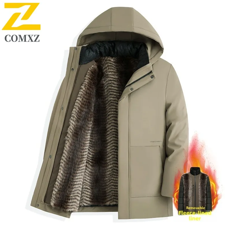 

Mid-Age Business Casual Parka for Men Featuring New Winter Detachable Lining Hooded Warmth Outdoor Mid-Length Cotton Jacket