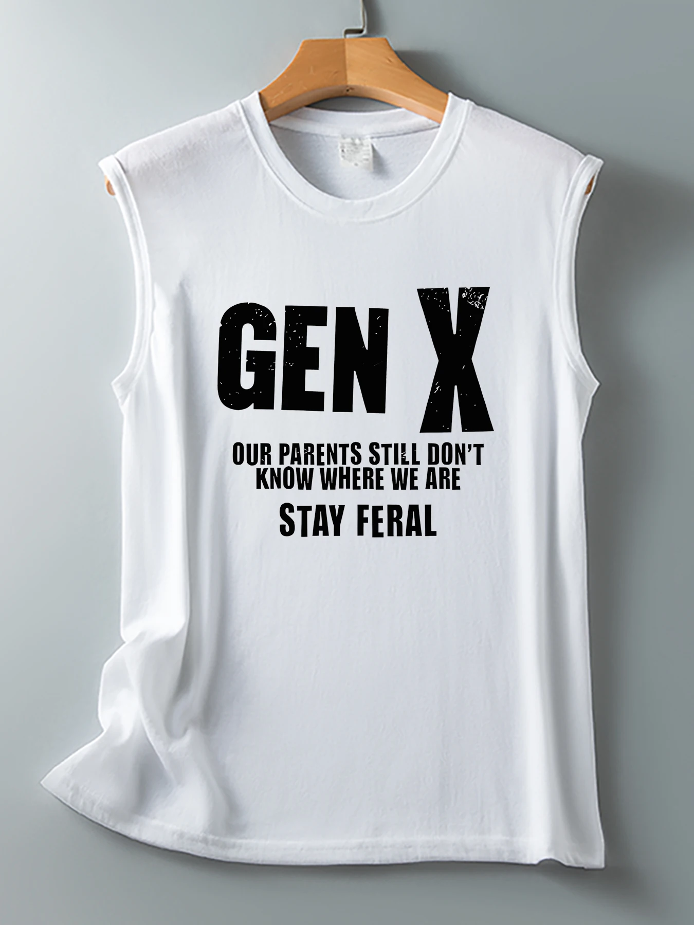 Retro distressed GEN X generation style English text printed round-neck sleeveless top