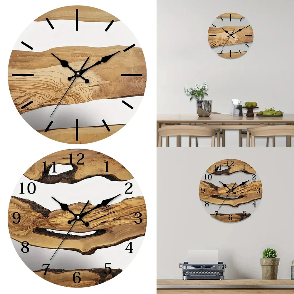 30CM Wooden Silent Wall Clock Wood Grain Vintage Transparent Tempered Glass Living Room Bedroom Kitchen Home Decor No Battery