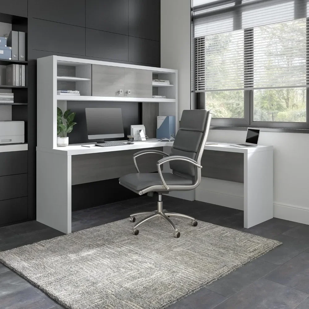 L Shaped Computer Desk With Hutch, 72W,(Color: Pure White And Shiplap Gray)|