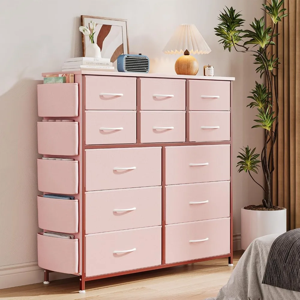 

12 Dresser for Bedroom, Chest of Drawers for Bedroom with Side Pockets and Hooks, Fabric Storage Dresser, Sturdy Steel Frame