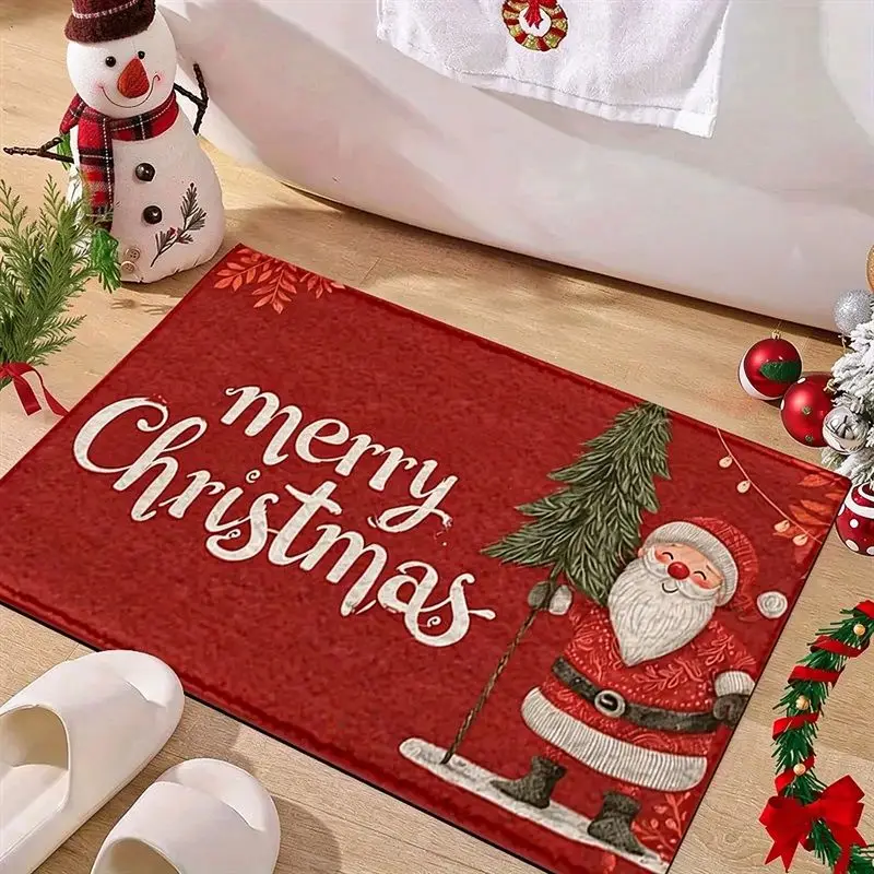 VIKAMA Merry Christmas Santa Skiing Doormat Red Xmas Tree White Script Holiday Welcome Door Mat for Front Door Winter Home Decor
