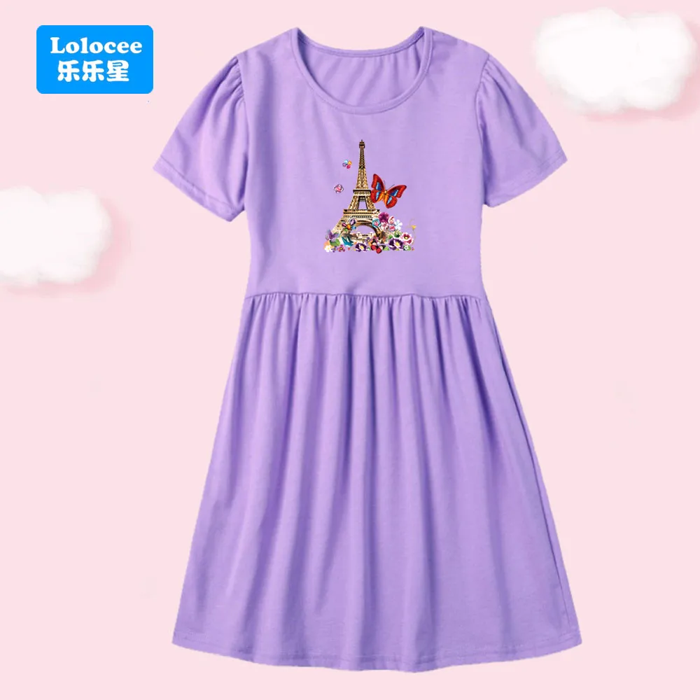 Girls Cotton Clothes Summer Princess Dresses Short Sleeve Kids Dress Butterfly Eiffel Tower Print Party Dresses 3-14Y BLTT1