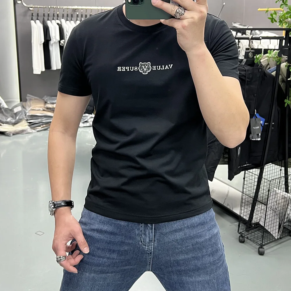 Men’s Luxury T-shirt Simple V Letter Tiger Design Male Tees Summer New Trendy Solid Color Tops Slim Fit  Plus Size Man Clothing